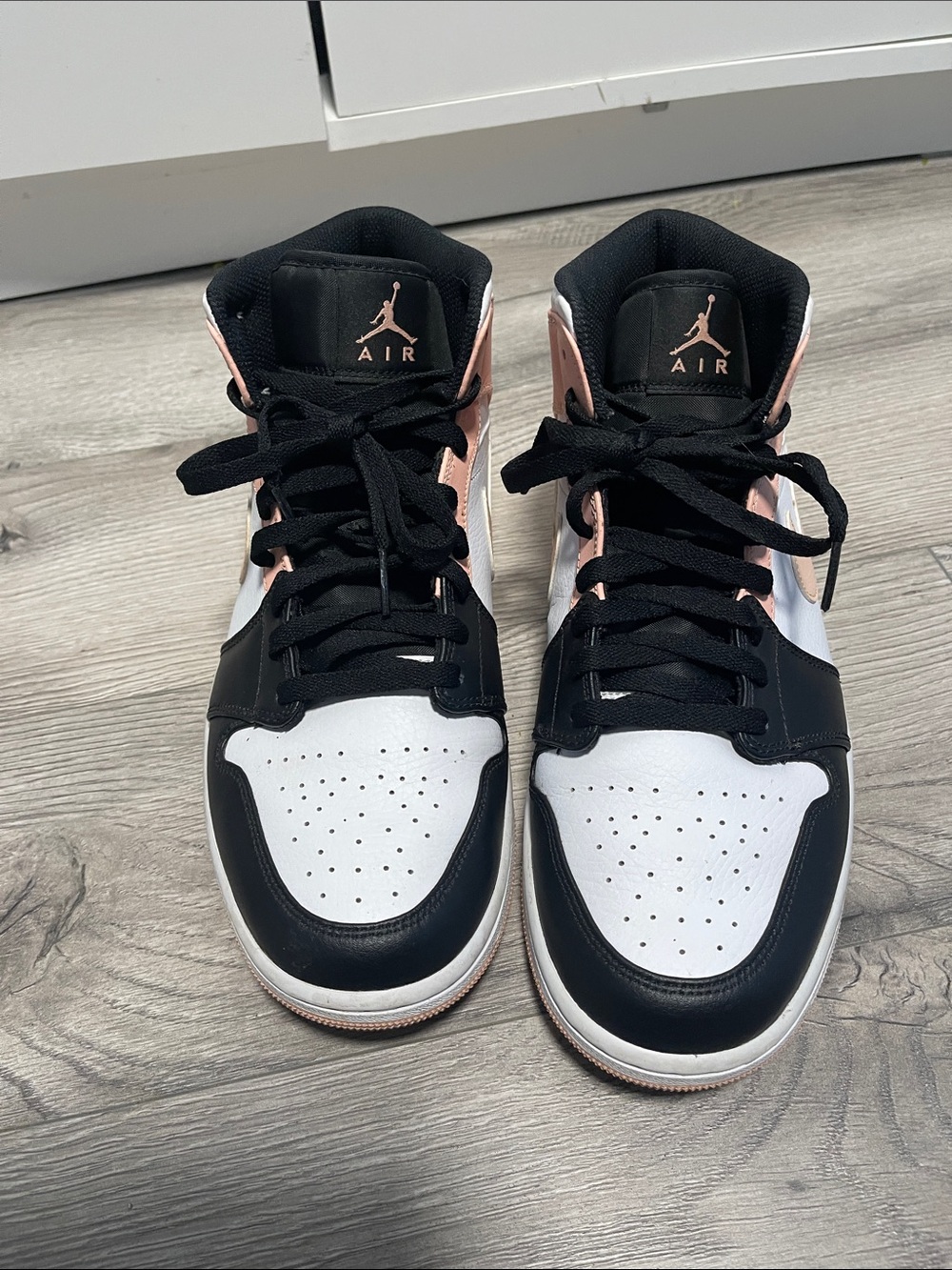 Jordan Women’s Mid/High-Top Sneakers in Black, White & Rose Pink
